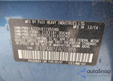 2015 Subaru Impreza 2.0I from USA, damaged, VIN JF1GPAA65FH231818
